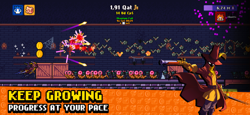 Idle Slayer - Gameplay retro em arte pixelada de Idle Slayer mostrando combate de herói e progresso de moeda