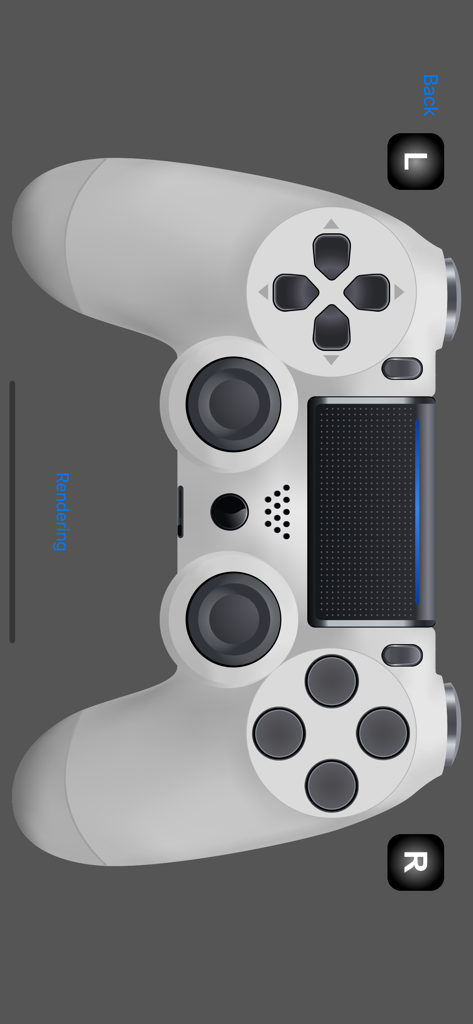 Interface of Game Controller Tester app displaying a white PlayStation controller layout.
