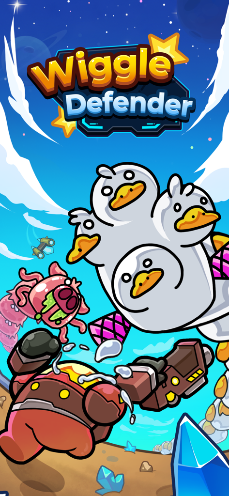 Wiggle Defender game title screen featuring multi-headed duck monsters and a red robot in space