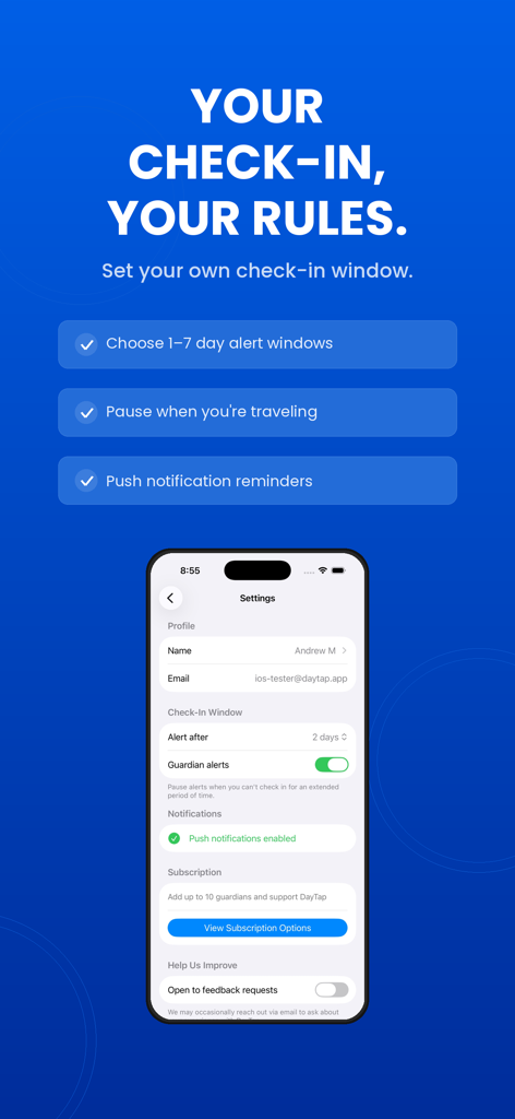 DayTap — Daily Check-In - Interface of the DayTap app showing settings for customizable check-in windows and guardian alert options