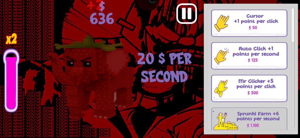 ストロベリーエレファント・ブレインゾットのゲームプレイ画面。赤い象のキャラクターとアップグレードストアが表示されている。