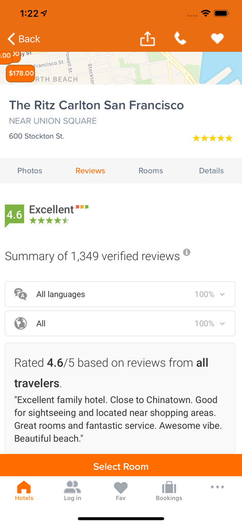 Hotel Planner - Tonight Deals - 호텔 플래너 앱의 샌프란시스코 리츠 칼튼 호텔 리뷰 화면