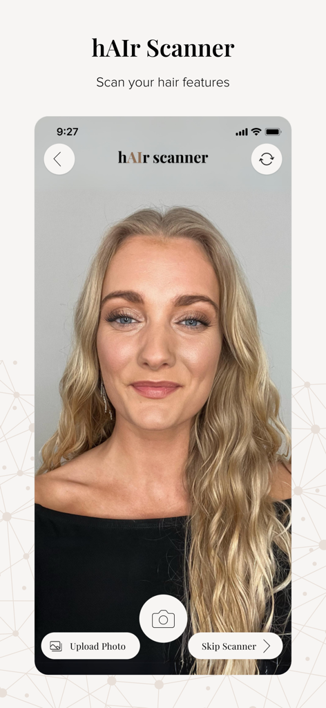 Compar - AI Hair Care Advisor - A smartphone interface showing the Compar app hair scanner feature with a woman in the viewfinder and options to upload or take a photo.