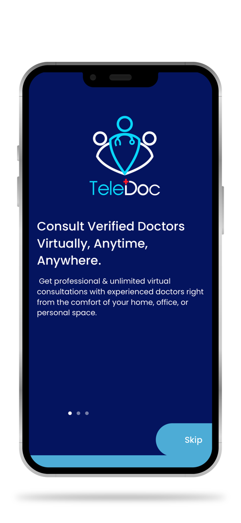 TeleDoc App - TeleDoc App onboarding screen highlighting virtual consultations with verified doctors anytime and anywhere