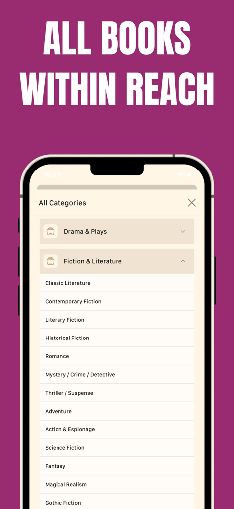 Gutenberg | eBook Reader - Gutenberg eBook Readerアプリのスクリーンショット。フィクションや文学の幅広いカテゴリを表示。