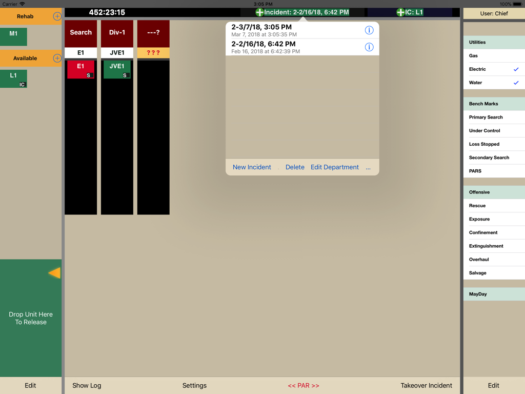 Total Command - Digital incident command board showing unit assignments and emergency response checklists