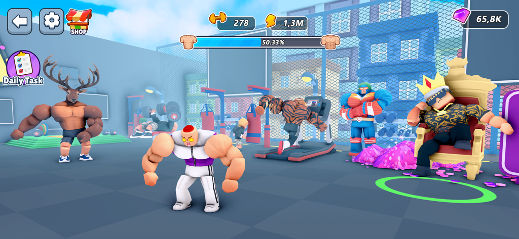 Gym King Pro Idle Clicker Game - Muscular characters training in an open air gym with the Gym King sitting on a throne