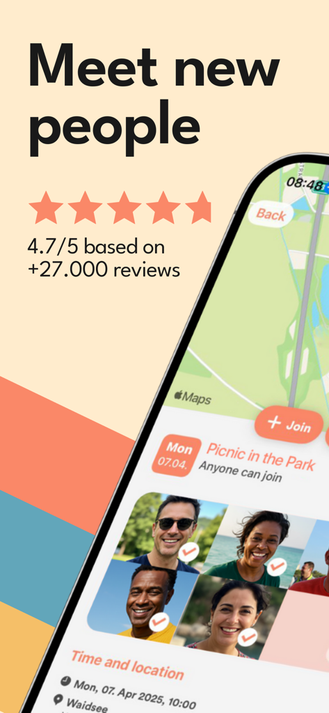 Meet5 app interface showing a picnic event with verified user profiles and a map view for meeting new people