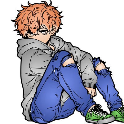 a male hoddie ripped jeans messy hair anime