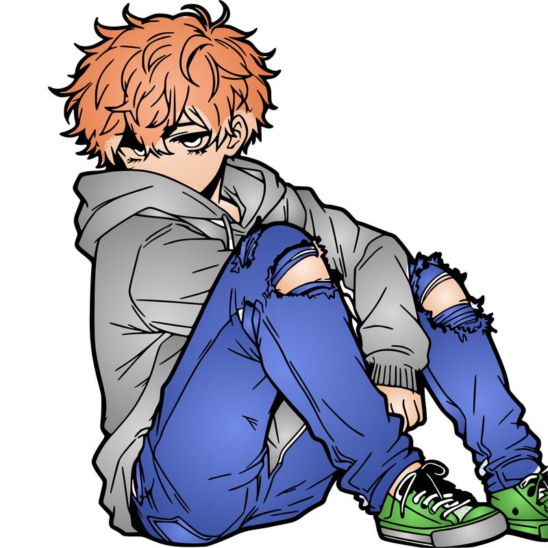 a male hoddie ripped jeans messy hair anime