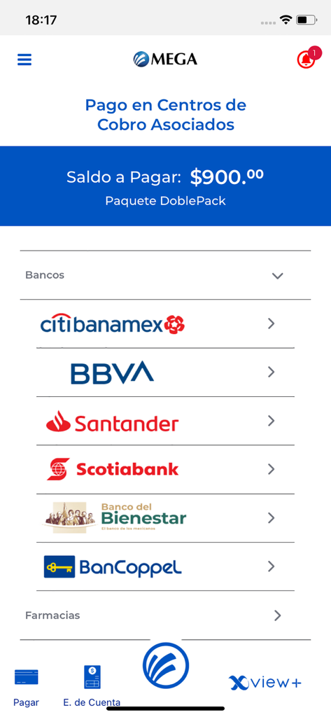 Interfaz de la aplicación Megacable que muestra una lista de bancos asociados para el pago de facturas