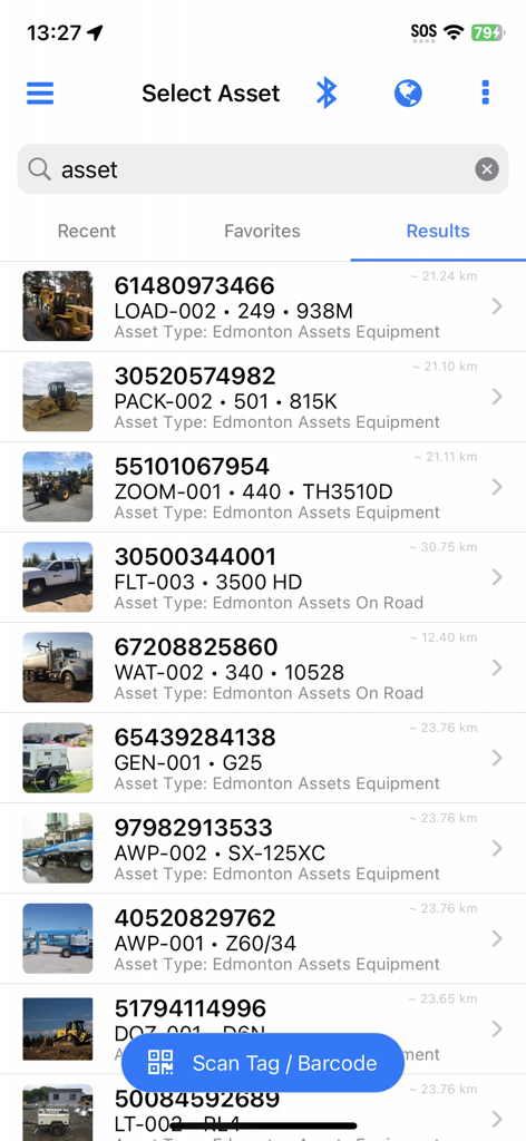 검색 및 스캔 옵션이 있는 추적 산업 장비 목록을 보여주는 Nektar 앱의 모바일 인터페이스