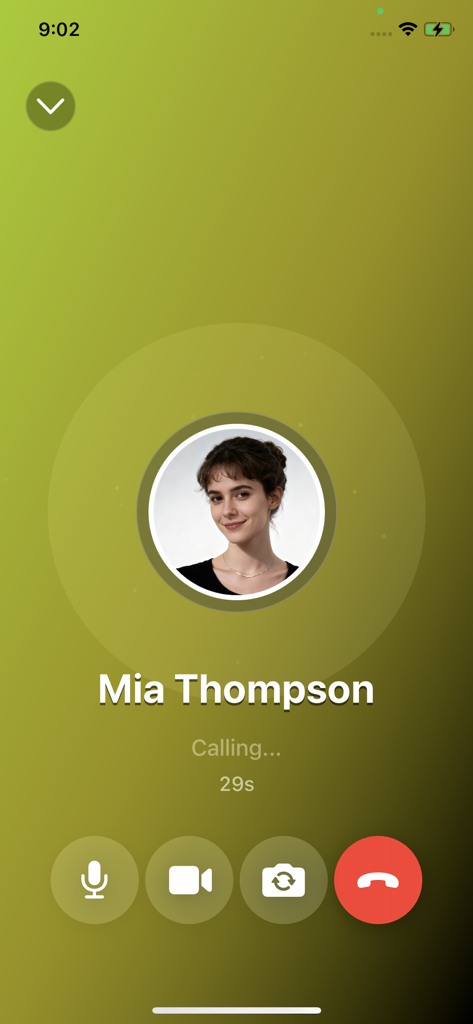 In-app video call screen on Meetu featuring a profile picture of Mia Thompson with call control icons