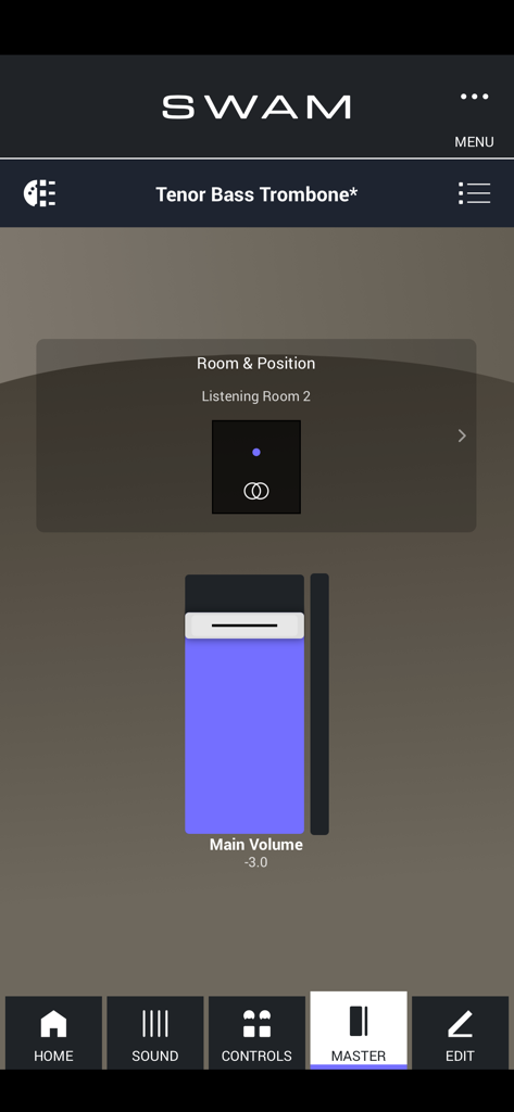 Pantalla maestra de la aplicación SWAM Tenor Bass Trombone que muestra el simulador de posición de sala y los controles de volumen principales.