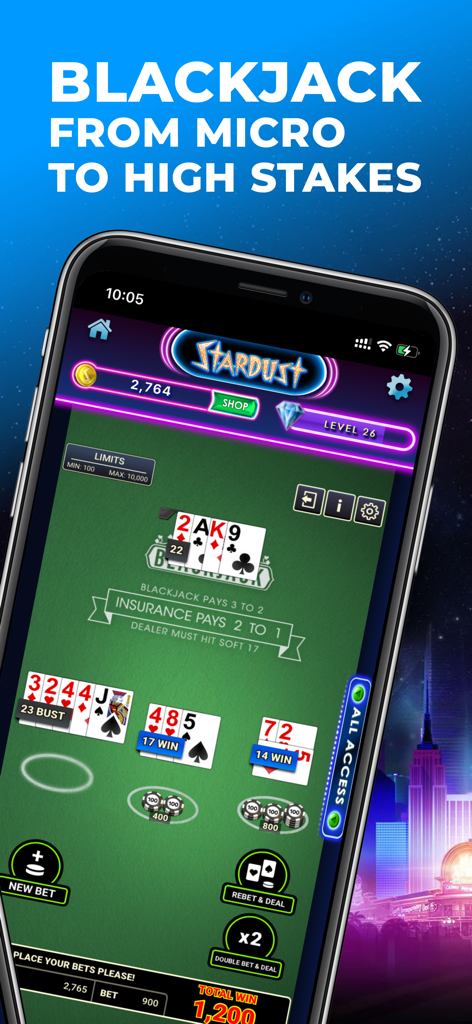 Mobile app screenshot of Stardust Social Casino blackjack game table