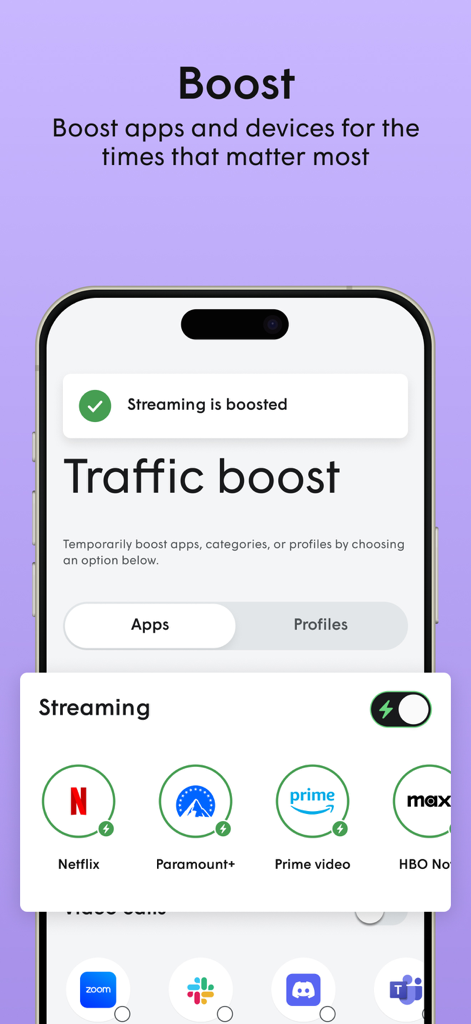 Plume Home app interface showing the traffic boost feature to prioritize bandwidth for streaming apps like Netflix and Prime Video