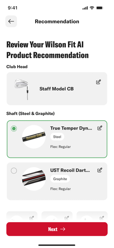 Wilson Fit AI Golf app recommendation screen showing club head and shaft choices