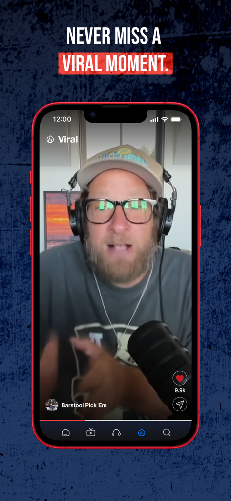 Barstool Sports app screen showing a trending viral video clip with a popular personality