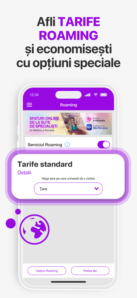 my moldcell - My Moldcell app screen for checking roaming tariffs and selecting travel destinations