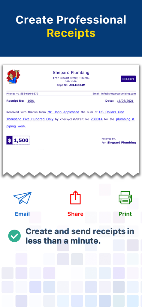 Receipt Maker - Sign & Send - Oberfläche einer mobilen App, die eine professionelle digitale Quittung für ein Sanitärgeschäft mit Optionen zum Teilen per E-Mail und Drucken anzeigt