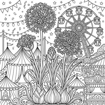 Step right up to a world where nature meets festivity! This captivating coloring page merges the delicate beauty of allium flowers with the thrilling atmosphere of a bustling carnival, perfect for detailed artistic expression.