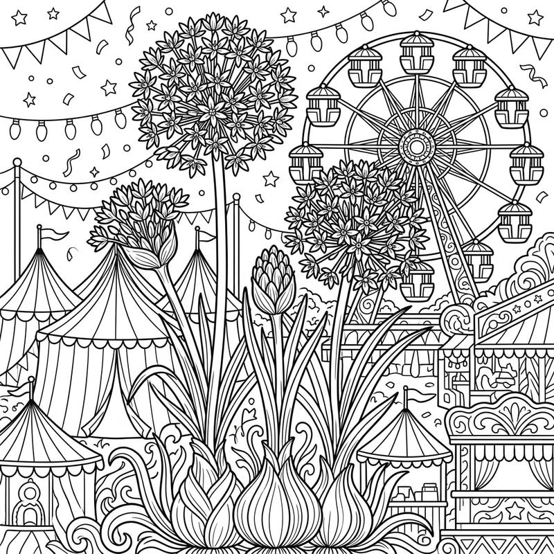 Step right up to a world where nature meets festivity! This captivating coloring page merges the delicate beauty of allium flowers with the thrilling atmosphere of a bustling carnival, perfect for detailed artistic expression.