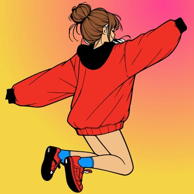 realistic girl jumping with a bun and oversized sweatshirt