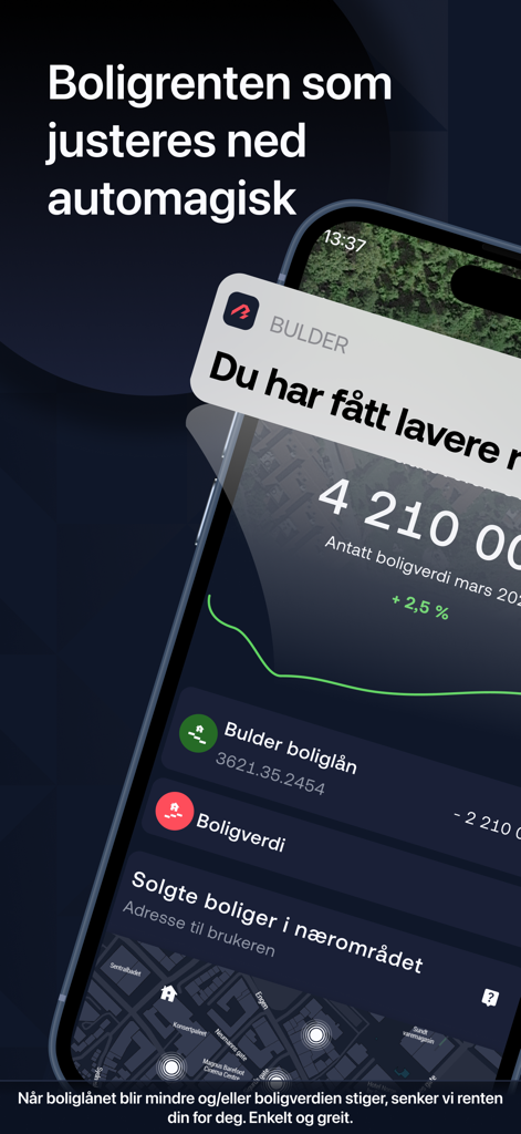 Bulder - Interfaz de la aplicación Bulder que muestra una notificación de reducción automática de la tasa de interés hipotecaria y un mapa de seguimiento del valor del hogar.