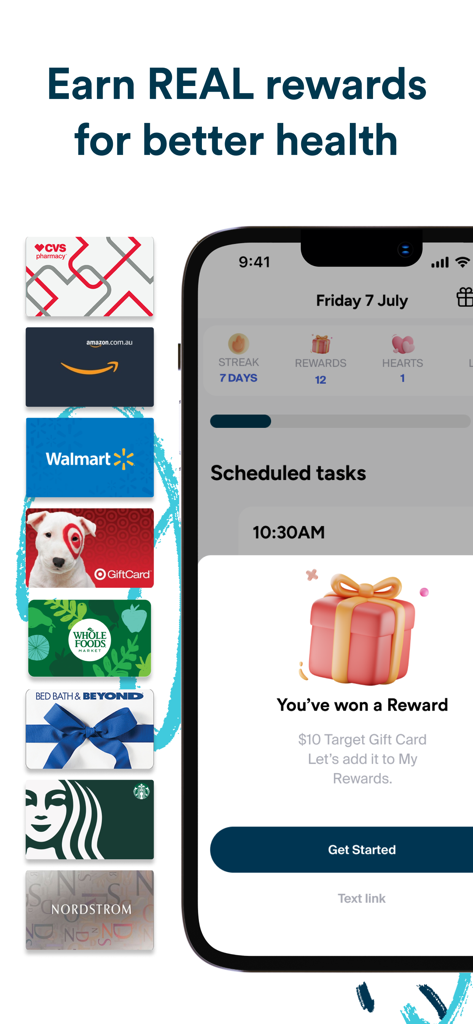 A smartphone showing a 10 dollar Target gift card reward in the Perx Health app alongside logos of major US retailers like CVS Amazon and Walmart