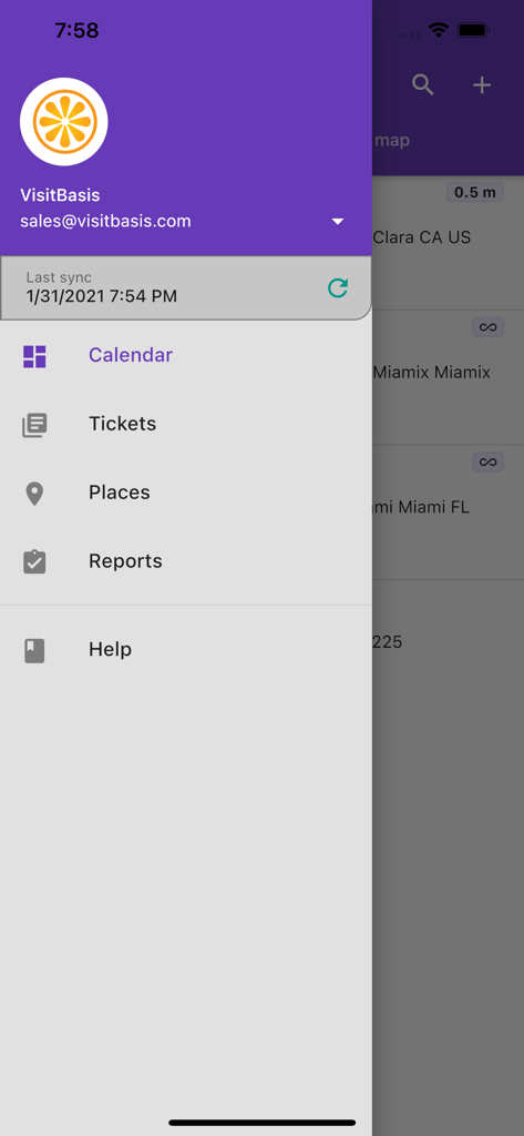 Side navigation menu of VisitBasis app showing options for Calendar Tickets Places and Reports