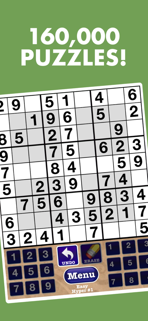 Jeu mobile d'un puzzle Hyper Sudoku montrant de grands chiffres faciles à lire et des doubles pavés de saisie