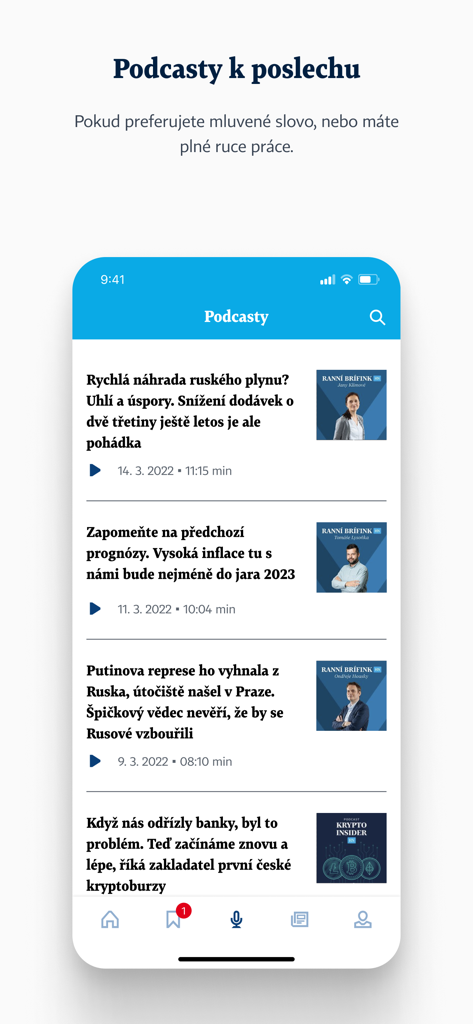 HN - Screenshot of the HN mobile app showing the podcast section with several news episodes.