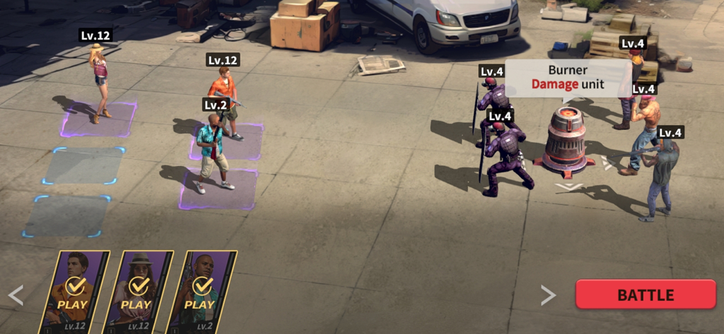 Grand Gangster War - A tactical battle preparation screen showing character units on a grid facing enemies