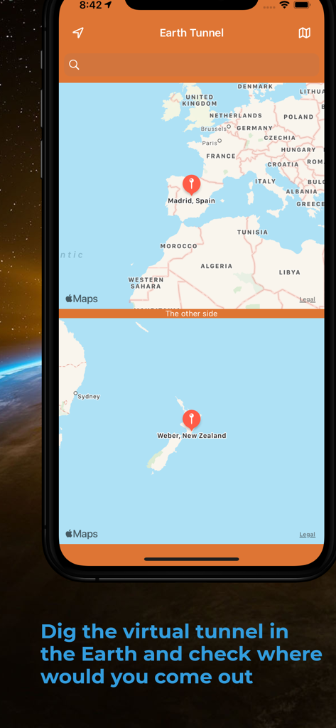 Earth Tunnel - A split screen map in the Earth Tunnel app showing Madrid and its opposite location in New Zealand
