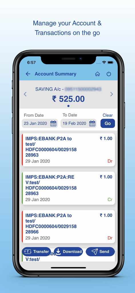 DCB Bank Mobile Banking - Mobile phone screen displaying DCB Bank account summary and recent transaction history