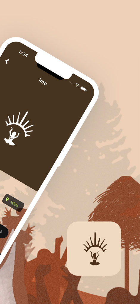 Solara - Smartphone showing the Solara app info screen with a sun logo and event themed background