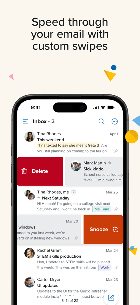 Fastmail – Email & Calendar - Fastmail app screen showing custom swipe gestures to delete or snooze emails in the inbox.