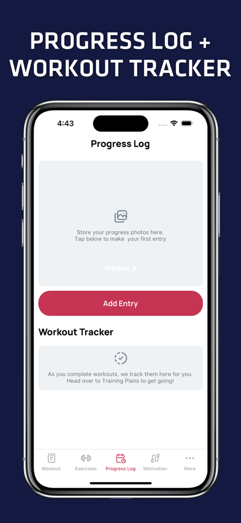Captura de pantalla del registro de progreso y la pantalla del rastreador de ejercicios, mostrando opciones para agregar fotos y seguir el historial de ejercicios.
