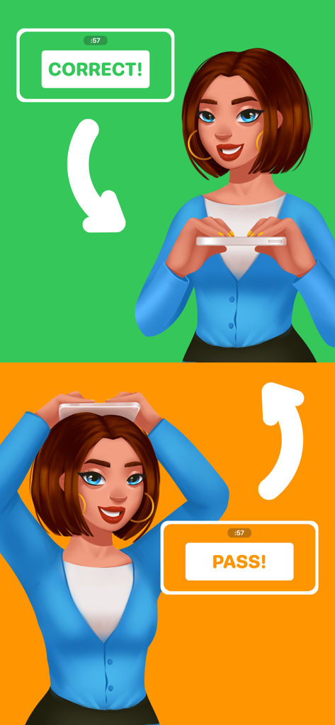 Adult Charades Party Game - Gráfico que muestra a una mujer jugando Charadas para Adultos con instrucciones para inclinar el teléfono hacia abajo para un acierto y hacia arriba para pasar.