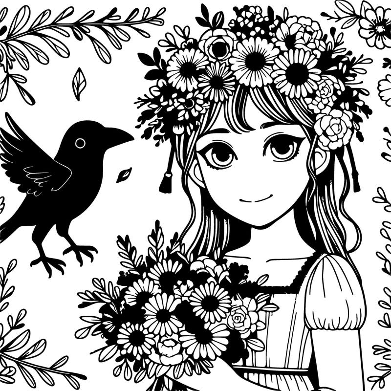 girl with flowers crow realistic