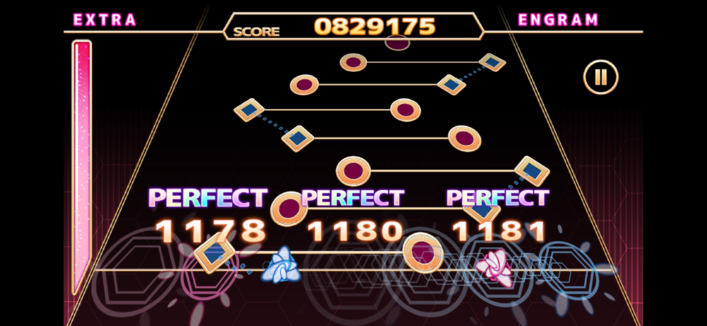 Gameplay screenshot of ChainBeeT rhythm game showing notes moving down a perspective track with perfect hit indicators and score