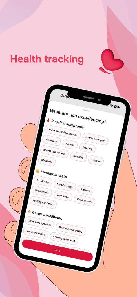 Period tracker: Aylana - A health tracking screen in the Aylana app showing physical and emotional symptom logging options