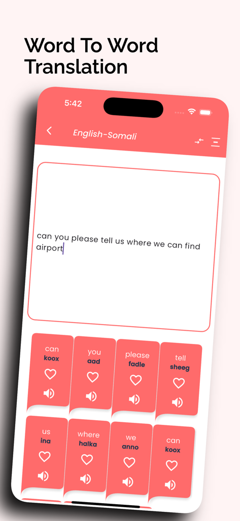 Interfaz de traducción de palabra a palabra de inglés a somalí con iconos de pronunciación y favoritos