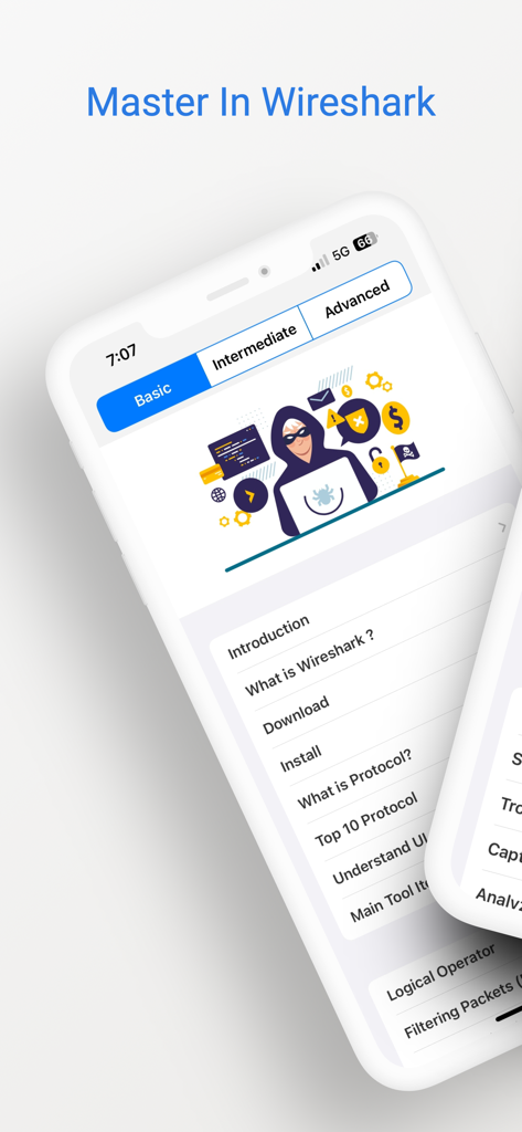 Learn Wireshark app interface showing basic networking and ethical hacking lessons on an iPhone screen