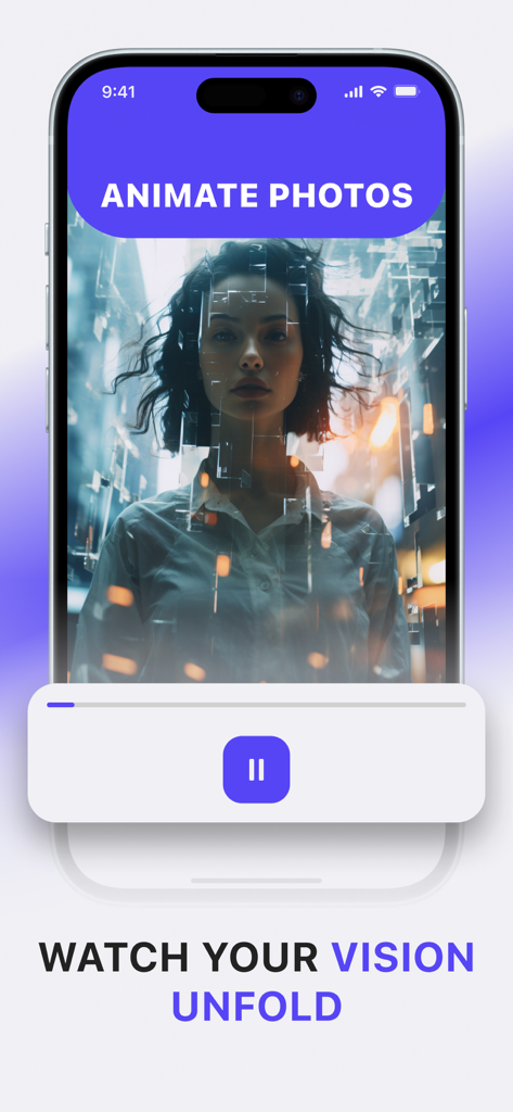 Lumen AI app interface displaying an animated cyberpunk portrait of a woman
