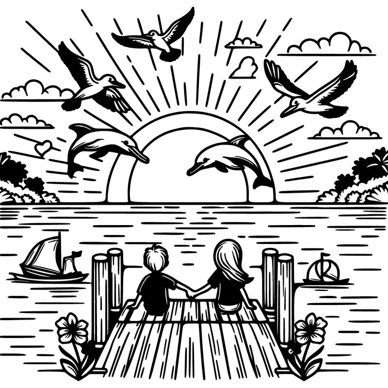 ocean/sunset/dolphins jumping out of water/pelicans flying into the sun/dock/two people sitting down at the end of the dock holding hands boy and a girl