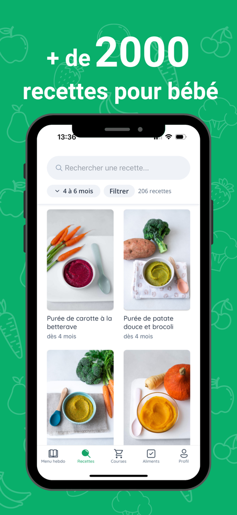 Mobile app interface of Cuisinez pour bébé showing a variety of puree recipes for babies with filters by age