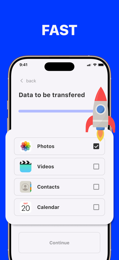 Interfaz para seleccionar fotos, videos y contactos para transferir en la aplicación Copia Mis Datos