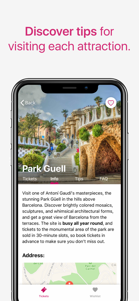 TicketLens: Tours & Activities - TicketLensアプリ、バルセロナのグエル公園の旅行のヒントと情報に関するインターフェース