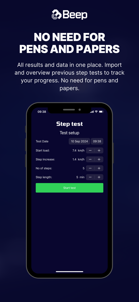 Beep - Beep app mobile interface showing the setup screen for a lactate step test with adjustable parameters